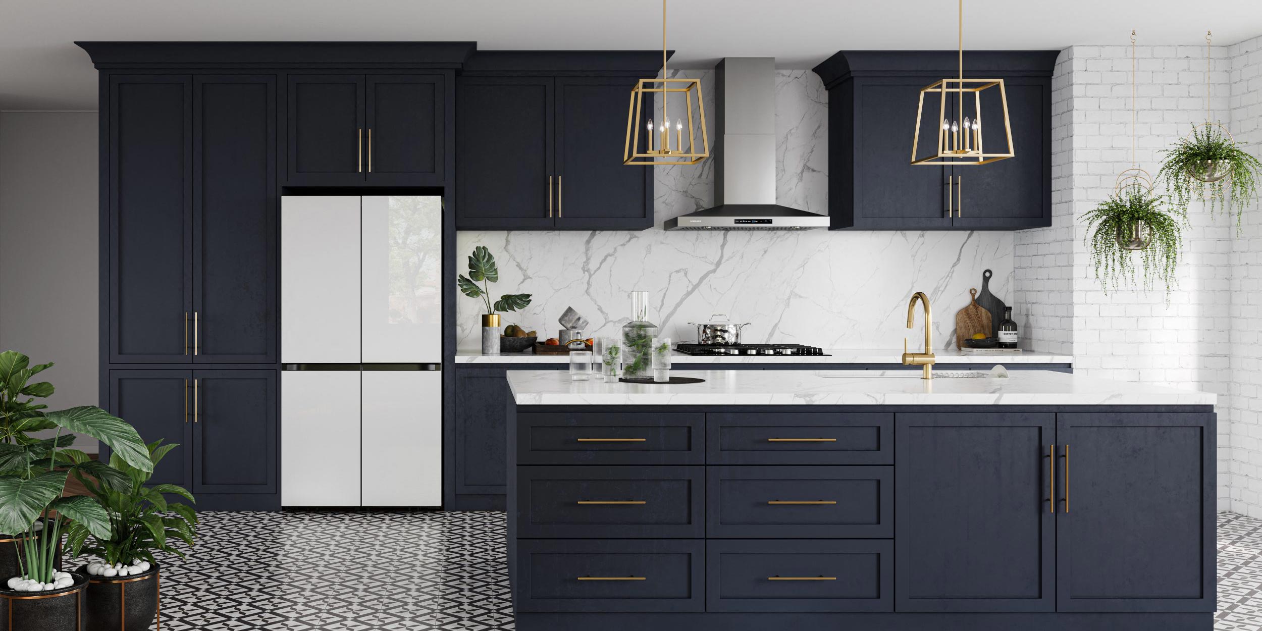 blue cabinets in kitchen with gold fixtures and samsung appliances