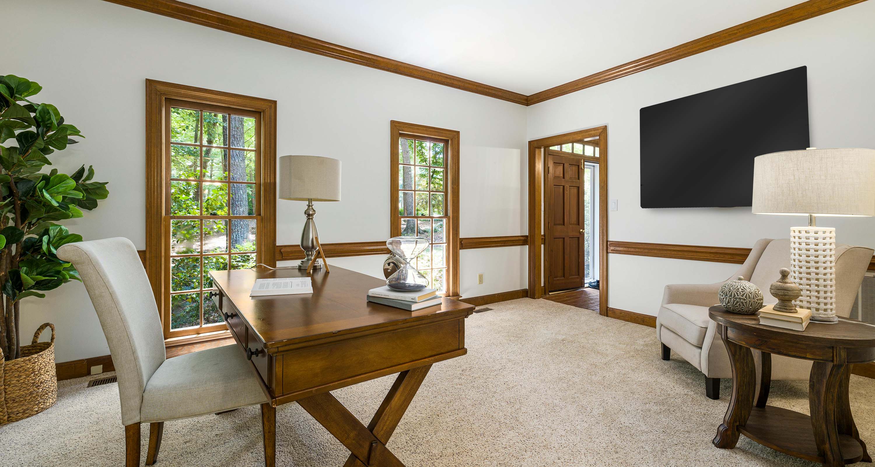 home office with wooden accents