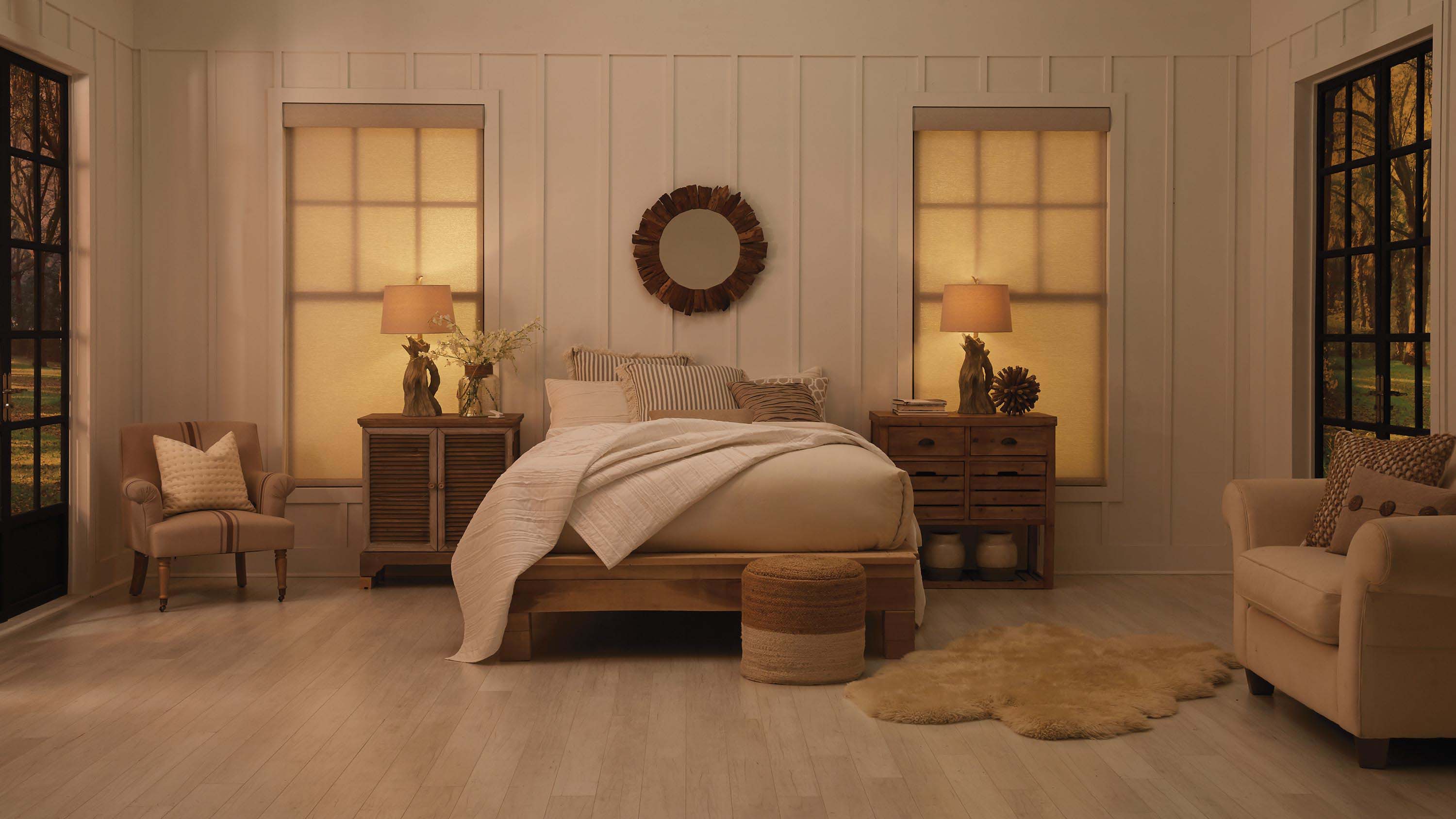 warm toned bedroom with lutron shades